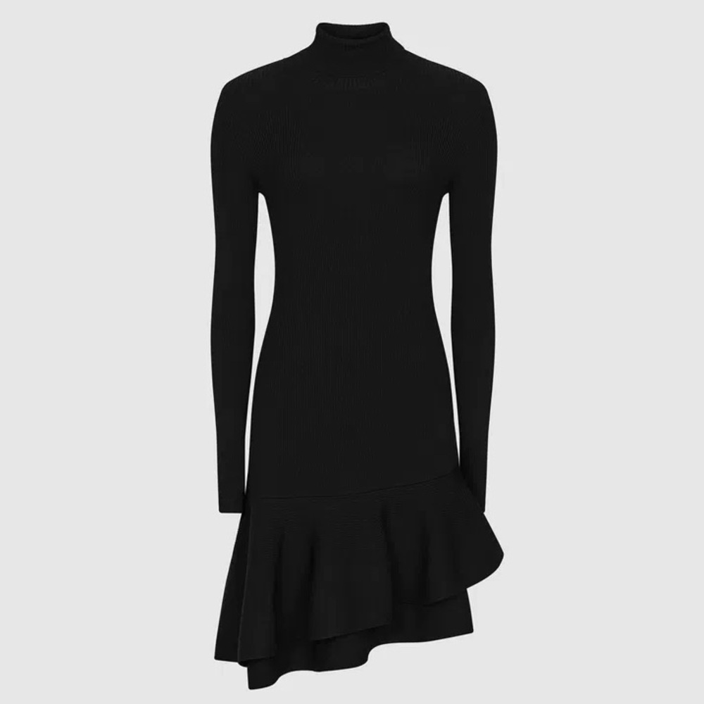 Reiss Black Finn Ruffle Hem Knitted Asymmetrical Long-Sleeve Dress